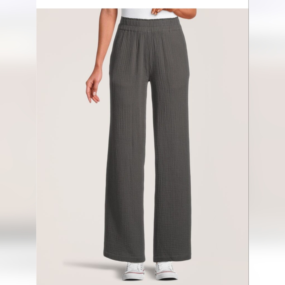 Women's Navy Blue Double Gauze Cotton Wide Leg Pants